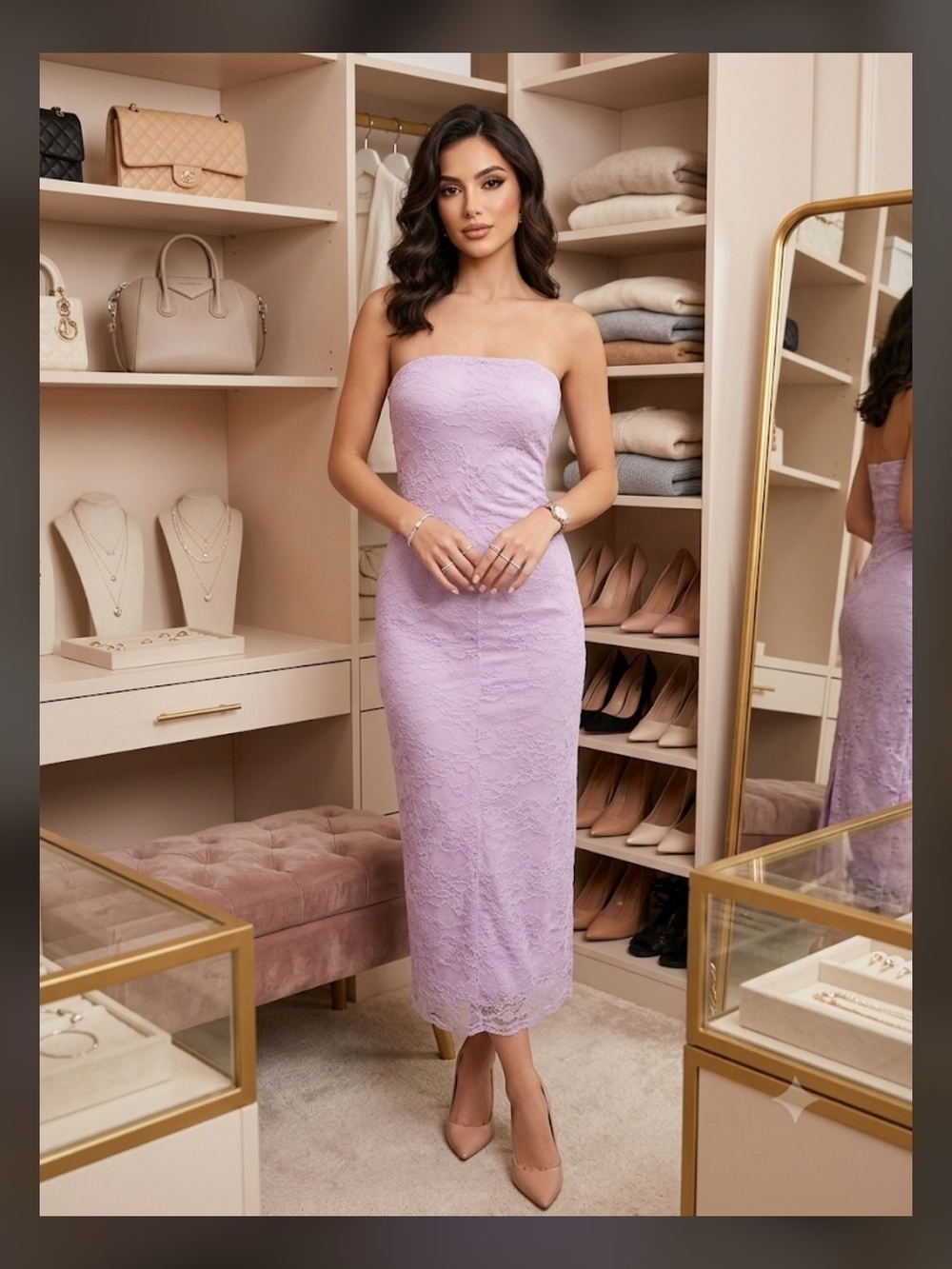 Hello Molly Strapless Lace Midi Dress in Lilac
